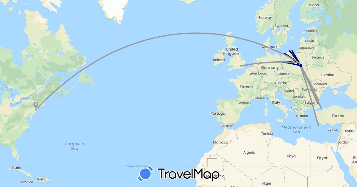 TravelMap itinerary: driving, plane in Bulgaria, Germany, United Kingdom, Greece, Poland, Turkey, United States (Asia, Europe, North America)